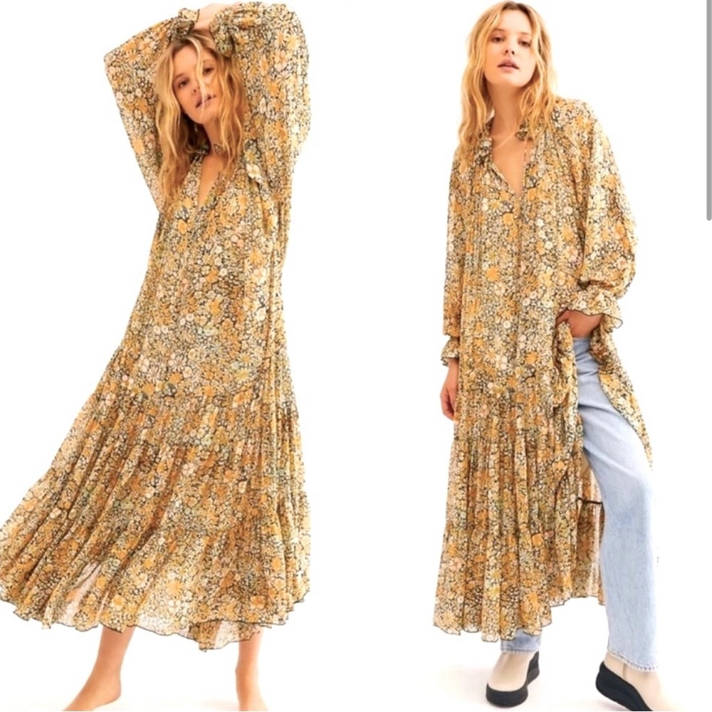 Free People Mustard Floral Tiered Maxi Dress